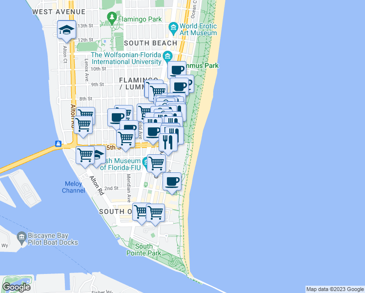 map of restaurants, bars, coffee shops, grocery stores, and more near 458 Ocean Drive in Miami Beach