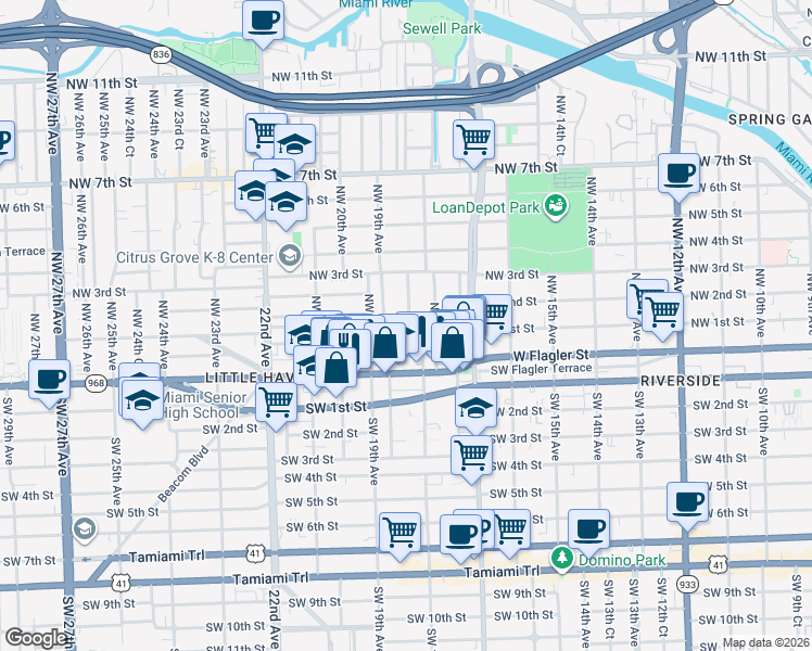 map of restaurants, bars, coffee shops, grocery stores, and more near 1856 Northwest 1st Street in Miami