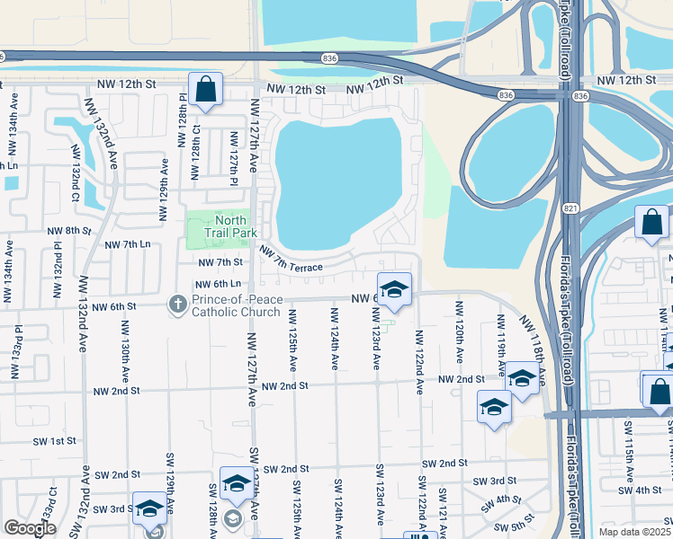 map of restaurants, bars, coffee shops, grocery stores, and more near 12345 Northwest 7th Street in Miami