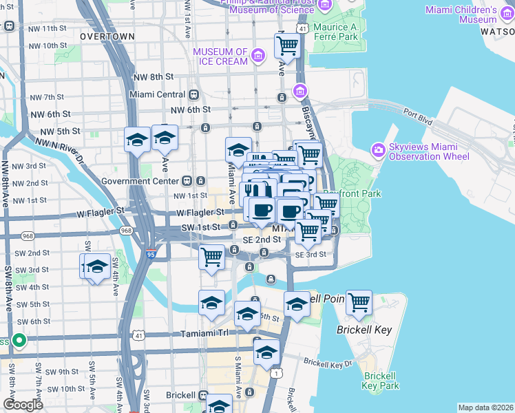 map of restaurants, bars, coffee shops, grocery stores, and more near 119 East Flagler Street in Miami