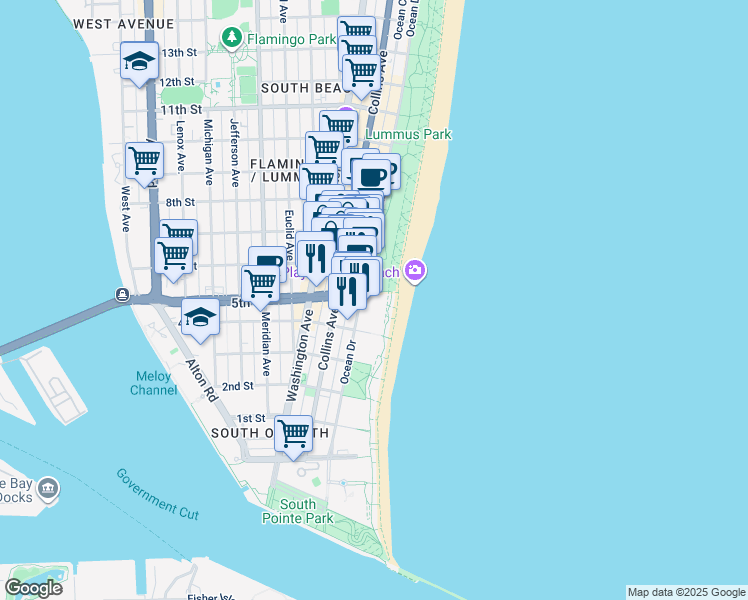 map of restaurants, bars, coffee shops, grocery stores, and more near 458 Ocean Drive in Miami Beach