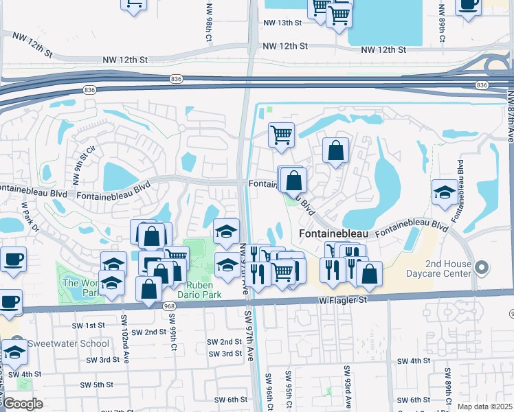map of restaurants, bars, coffee shops, grocery stores, and more near 9650 Fontainebleau Boulevard in Miami