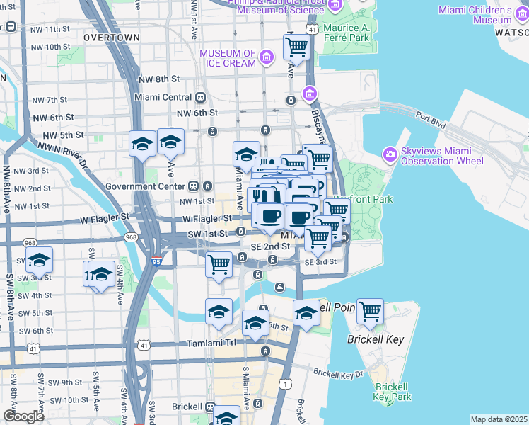 map of restaurants, bars, coffee shops, grocery stores, and more near 119 East Flagler Street in Miami