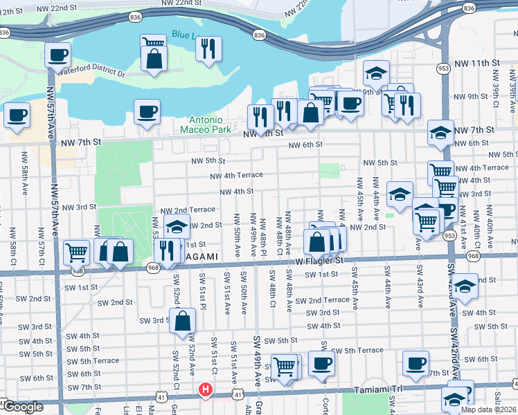 map of restaurants, bars, coffee shops, grocery stores, and more near 250 Northwest 48th Place in Miami