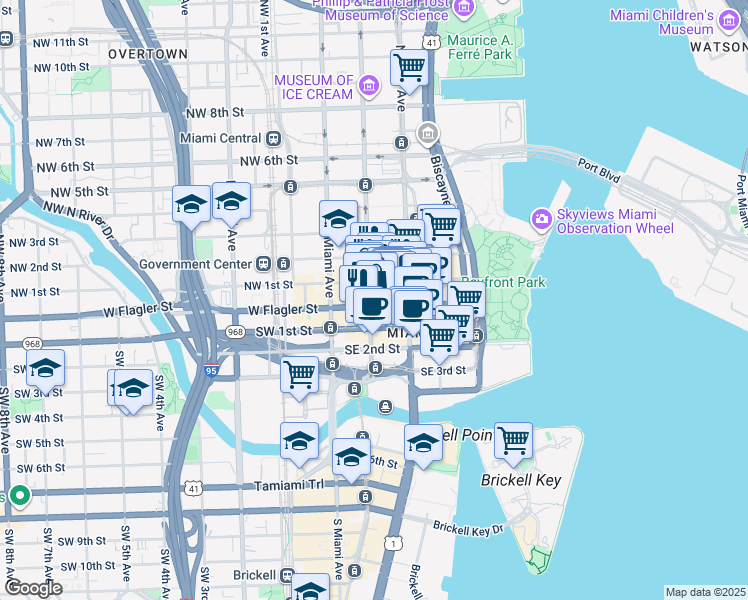 map of restaurants, bars, coffee shops, grocery stores, and more near 119 East Flagler Street in Miami