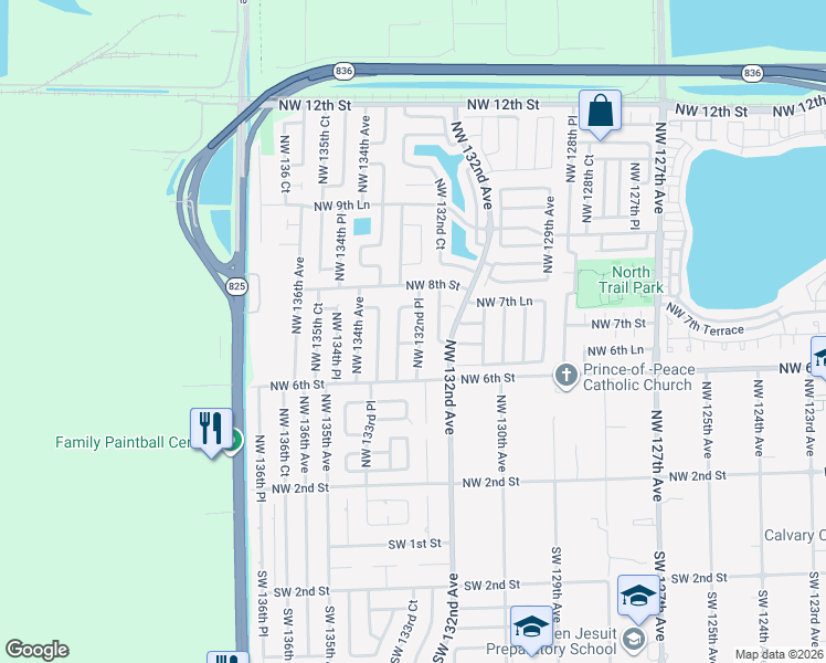 map of restaurants, bars, coffee shops, grocery stores, and more near 718 Northwest 132nd Place in Miami