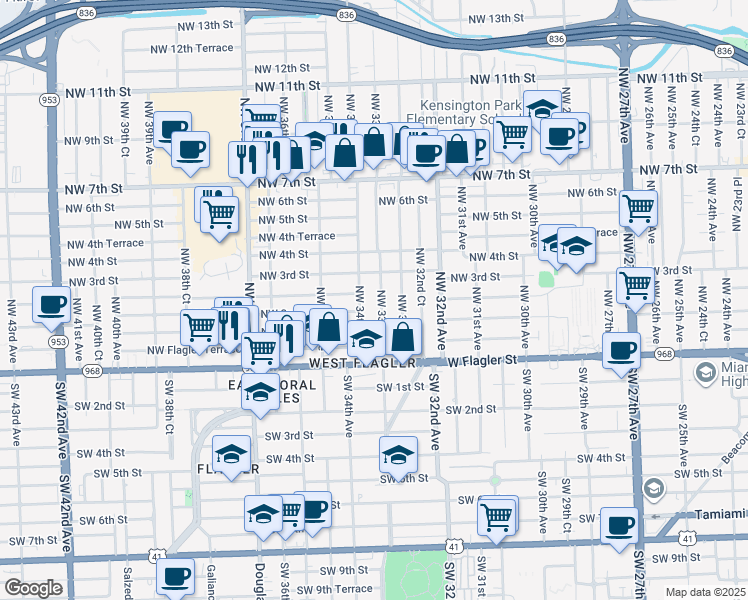 map of restaurants, bars, coffee shops, grocery stores, and more near 212 Northwest 33rd Avenue in Miami