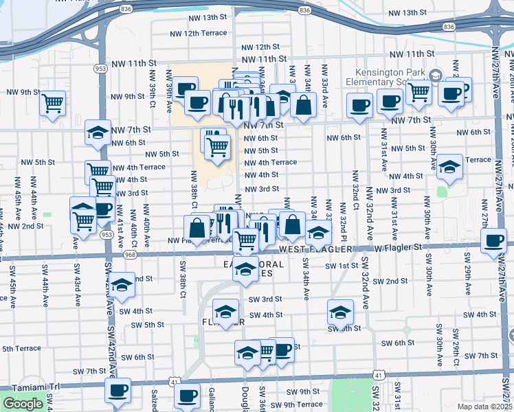 map of restaurants, bars, coffee shops, grocery stores, and more near 229 Northwest 36th Court in Miami