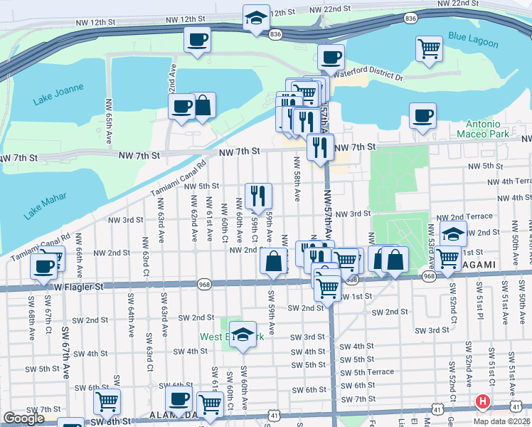 map of restaurants, bars, coffee shops, grocery stores, and more near 5901 Northwest 3rd Street in Miami
