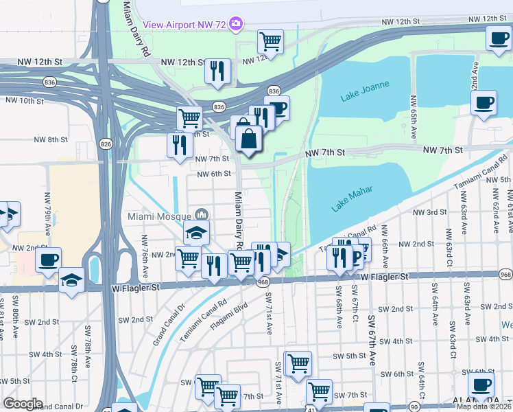 map of restaurants, bars, coffee shops, grocery stores, and more near 399 Northwest 72nd Avenue in Miami