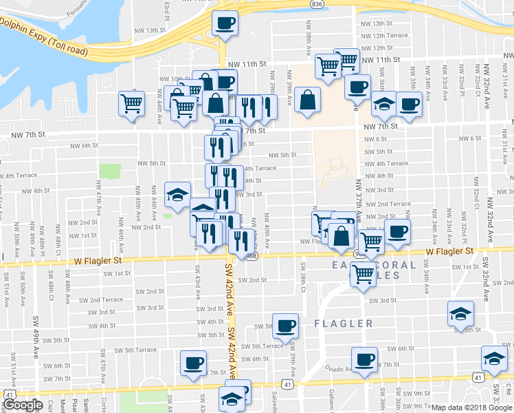map of restaurants, bars, coffee shops, grocery stores, and more near 247 Northwest 40th Court in Miami