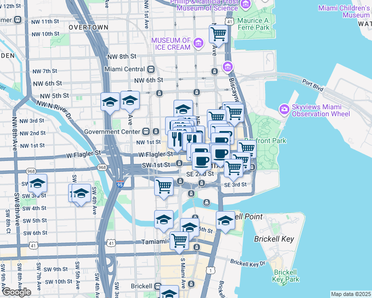 map of restaurants, bars, coffee shops, grocery stores, and more near 27 East Flagler Street in Miami