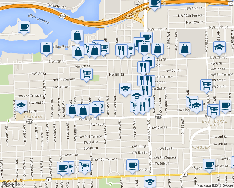 map of restaurants, bars, coffee shops, grocery stores, and more near 283 Northwest 44th Avenue in Miami