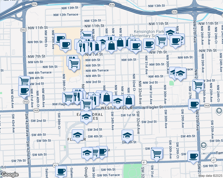 map of restaurants, bars, coffee shops, grocery stores, and more near 3430 Northwest 2nd Terrace in Miami