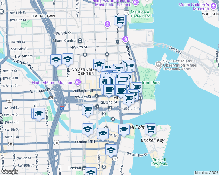 map of restaurants, bars, coffee shops, grocery stores, and more near 119 East Flagler Street in Miami