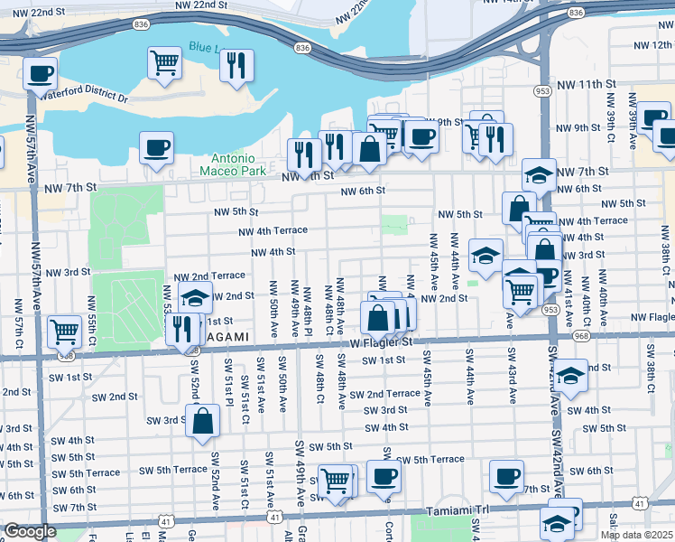 map of restaurants, bars, coffee shops, grocery stores, and more near 260 Northwest 48th Avenue in Miami
