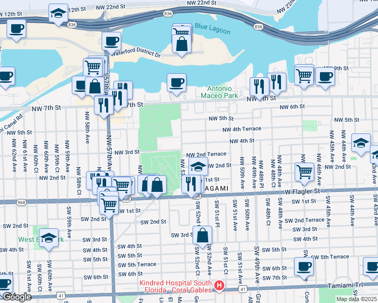 map of restaurants, bars, coffee shops, grocery stores, and more near 5271 Northwest 2nd Terrace in Miami