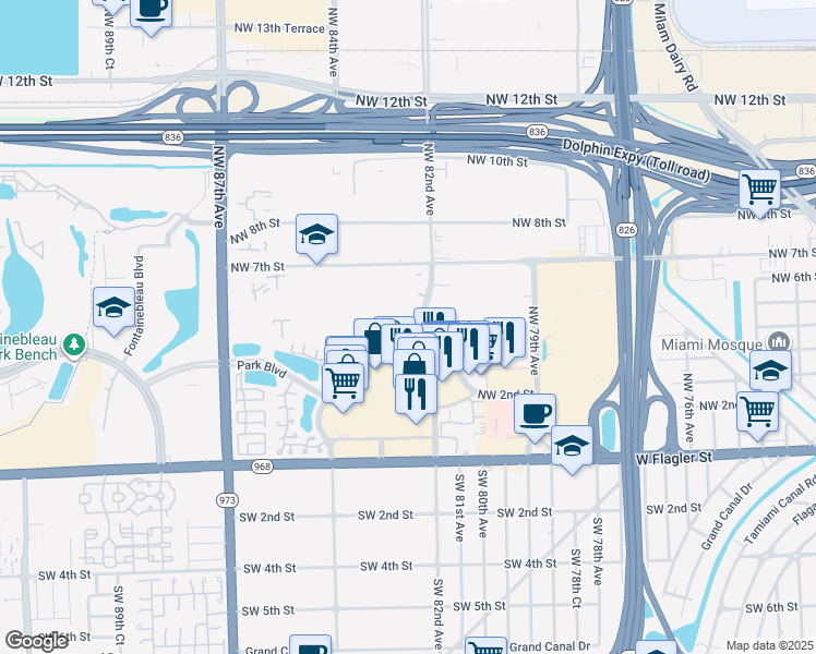 map of restaurants, bars, coffee shops, grocery stores, and more near 8255 Park Boulevard in Miami