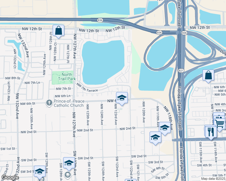 map of restaurants, bars, coffee shops, grocery stores, and more near 705 Northwest 123rd Avenue in Miami