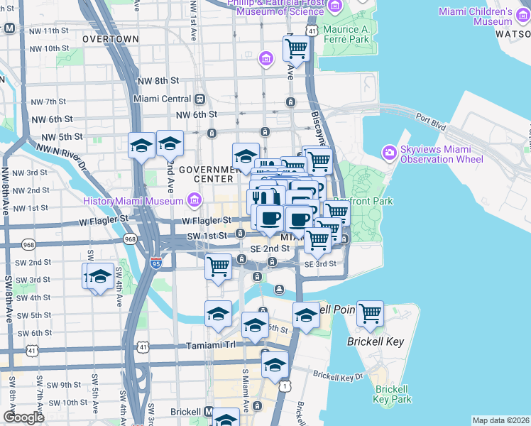 map of restaurants, bars, coffee shops, grocery stores, and more near 119 East Flagler Street in Miami