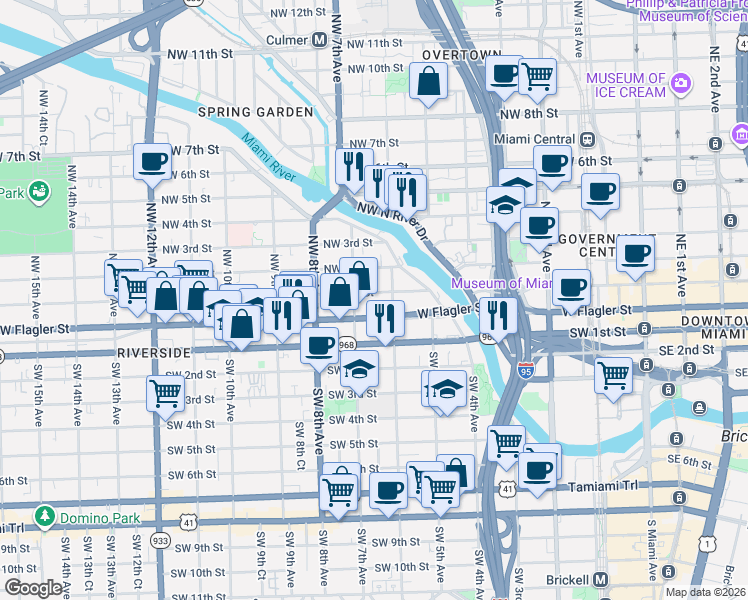 map of restaurants, bars, coffee shops, grocery stores, and more near 628 Northwest 1st Street in Miami