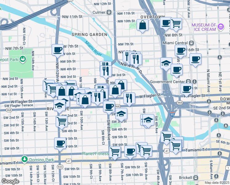 map of restaurants, bars, coffee shops, grocery stores, and more near 718 Northwest 1st Street in Miami