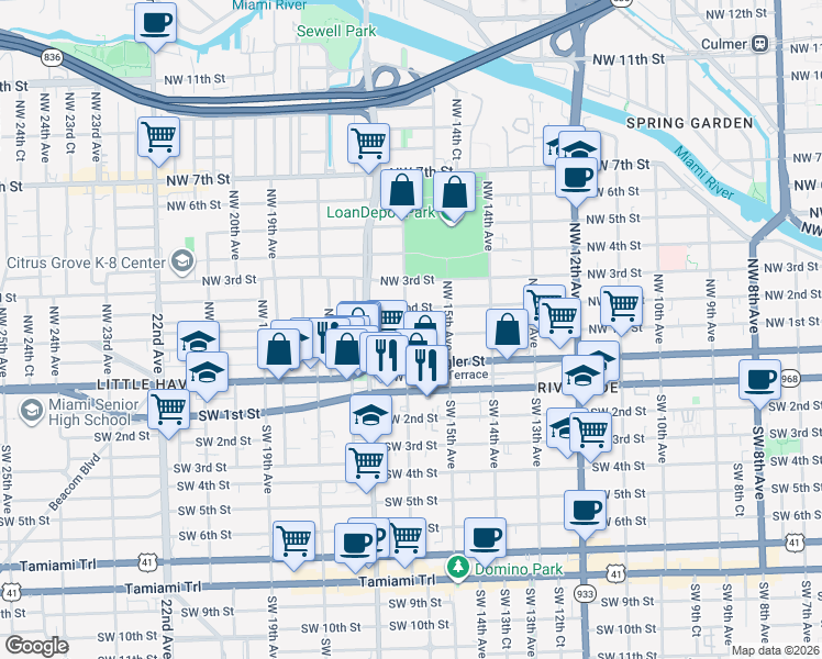 map of restaurants, bars, coffee shops, grocery stores, and more near 100 Northwest 16th Avenue in Miami