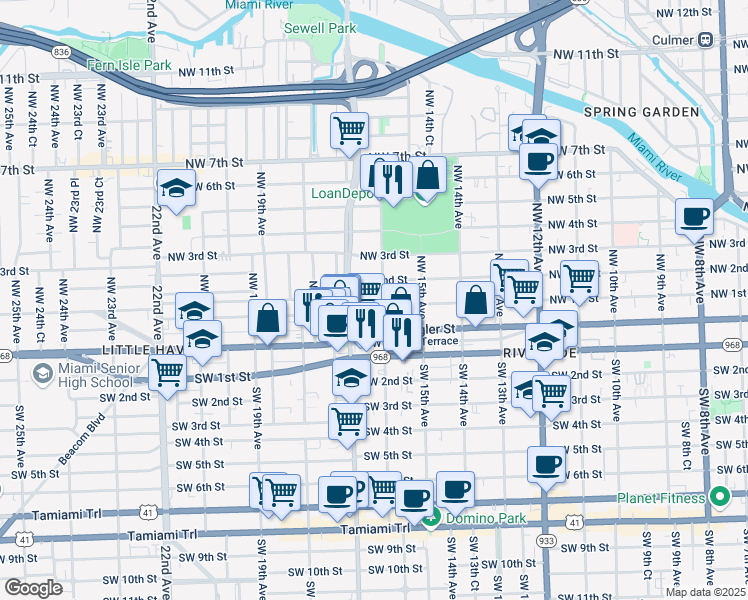 map of restaurants, bars, coffee shops, grocery stores, and more near 100 Northwest 16th Avenue in Miami