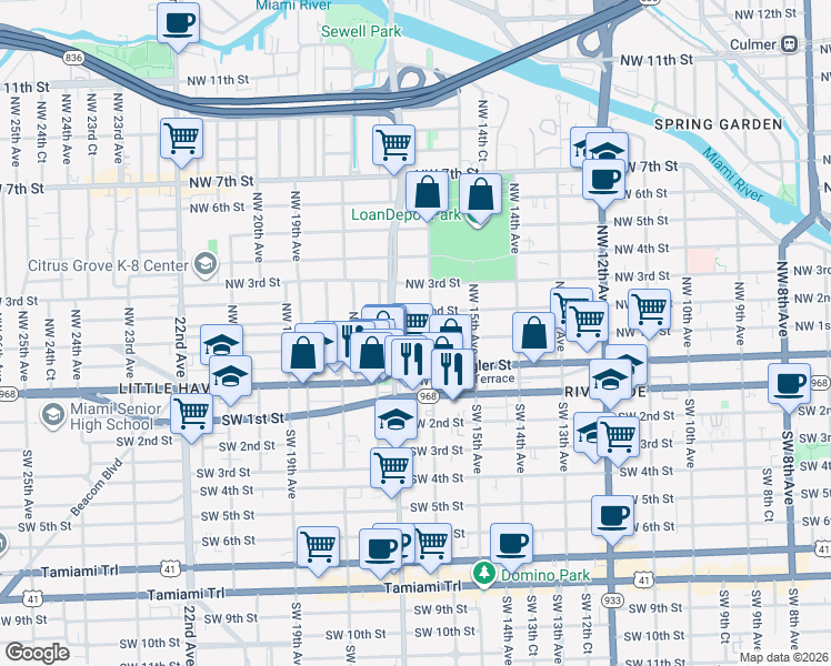 map of restaurants, bars, coffee shops, grocery stores, and more near 100 Northwest 16th Avenue in Miami