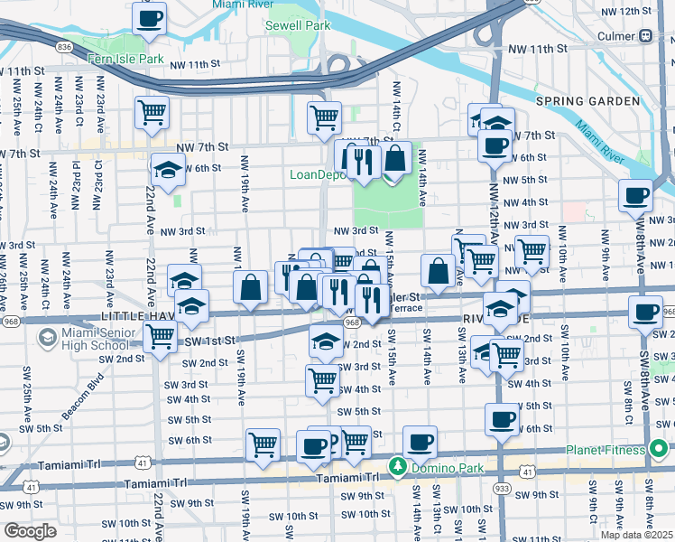 map of restaurants, bars, coffee shops, grocery stores, and more near 100 Northwest 16th Avenue in Miami
