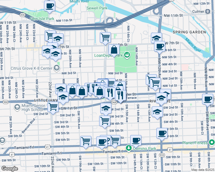 map of restaurants, bars, coffee shops, grocery stores, and more near 1700 Northwest 1st Street in Miami