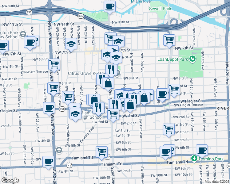 map of restaurants, bars, coffee shops, grocery stores, and more near 2176 Northwest 1st Terrace in Miami