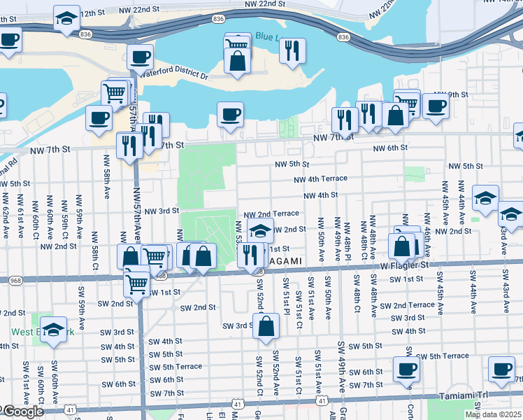 map of restaurants, bars, coffee shops, grocery stores, and more near 250 Northwest 52nd Avenue in Miami