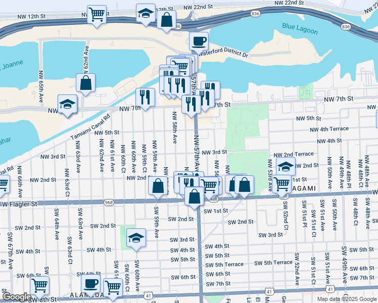 map of restaurants, bars, coffee shops, grocery stores, and more near 5725 Northwest 3rd Street in Miami