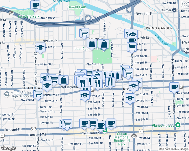 map of restaurants, bars, coffee shops, grocery stores, and more near 100 Northwest 16th Avenue in Miami