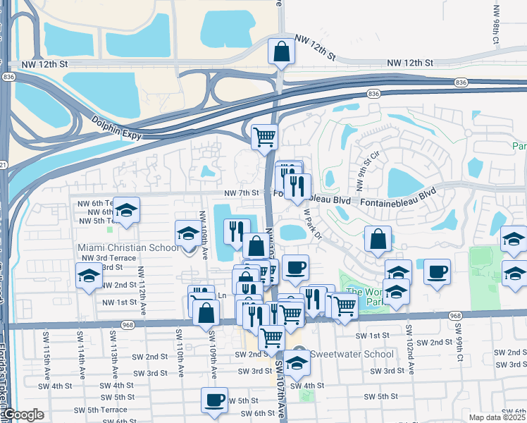 map of restaurants, bars, coffee shops, grocery stores, and more near 500 Northwest 107th Avenue in Miami