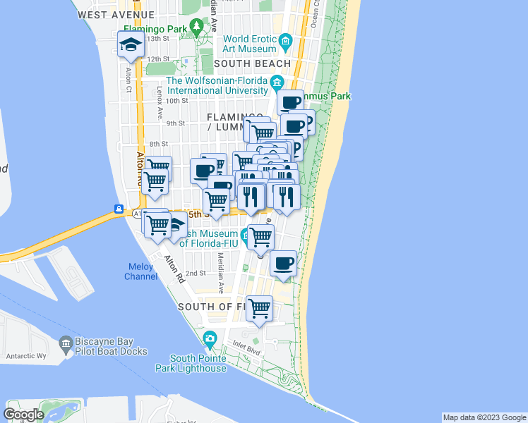 map of restaurants, bars, coffee shops, grocery stores, and more near 210 5th Street in Miami Beach