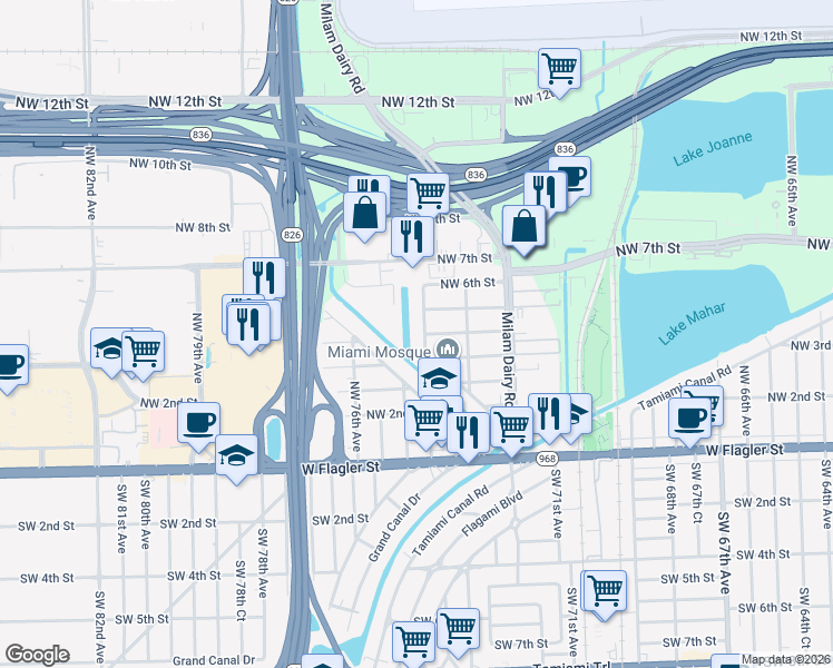 map of restaurants, bars, coffee shops, grocery stores, and more near 420 Northwest 74th Avenue in Miami