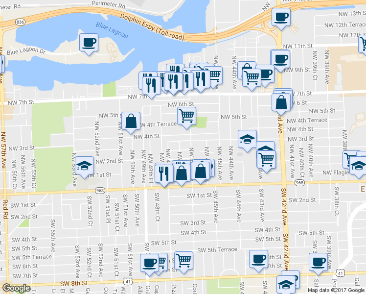 map of restaurants, bars, coffee shops, grocery stores, and more near 4743 Northwest 2nd Terrace in Miami