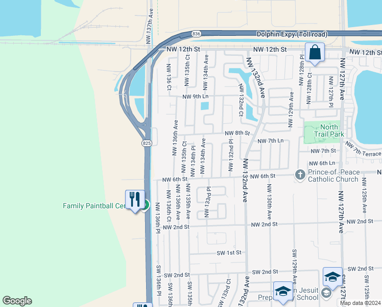 map of restaurants, bars, coffee shops, grocery stores, and more near 732 Northwest 134th Place in Miami