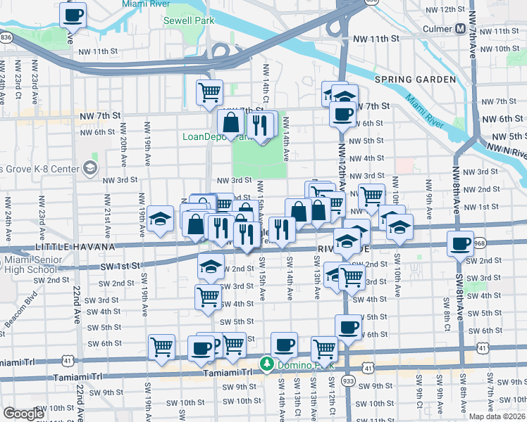 map of restaurants, bars, coffee shops, grocery stores, and more near 1511 Northwest 1st Street in Miami