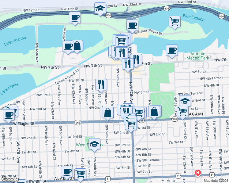 map of restaurants, bars, coffee shops, grocery stores, and more near 5821 Northwest 3rd Street in Miami