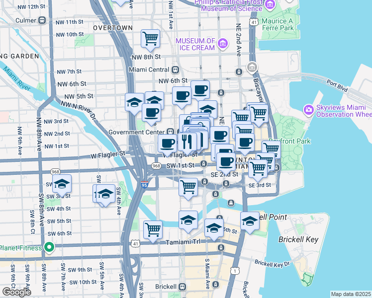 map of restaurants, bars, coffee shops, grocery stores, and more near 73 West Flagler Street in Miami