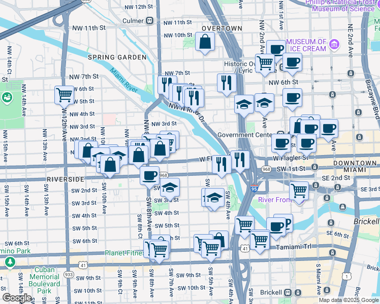 map of restaurants, bars, coffee shops, grocery stores, and more near 530 Northwest 1st Street in Miami