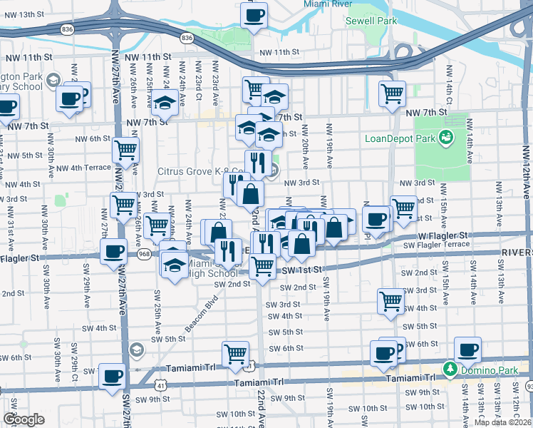 map of restaurants, bars, coffee shops, grocery stores, and more near 2176 Northwest 1st Terrace in Miami
