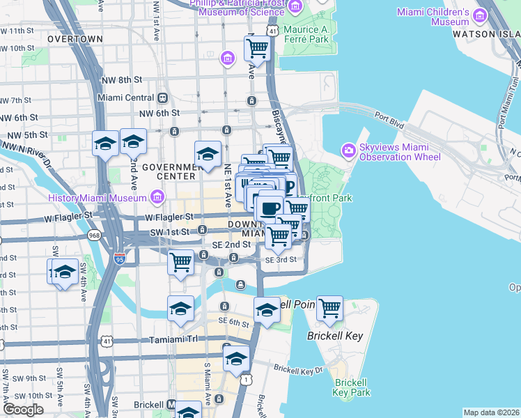 map of restaurants, bars, coffee shops, grocery stores, and more near 201 East Flagler Street in Miami