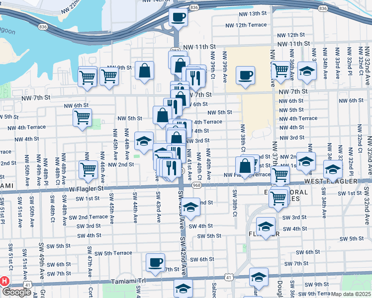 map of restaurants, bars, coffee shops, grocery stores, and more near 250 Northwest 41st Avenue in Miami
