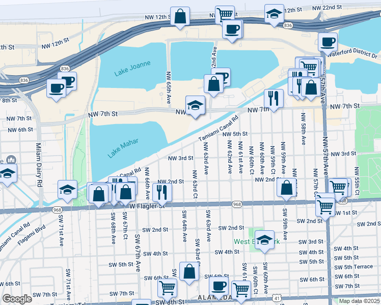 map of restaurants, bars, coffee shops, grocery stores, and more near 330 Northwest 63rd Court in Miami