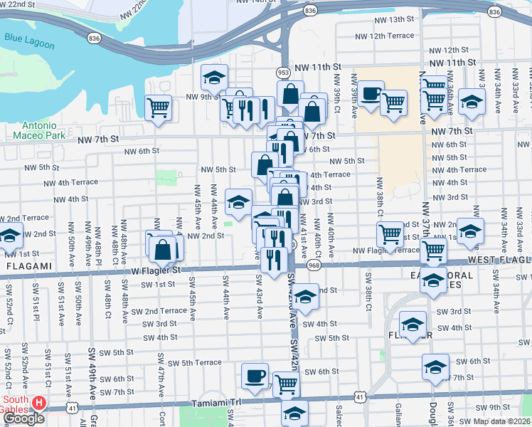 map of restaurants, bars, coffee shops, grocery stores, and more near 4255 Northwest 2nd Terrace in Miami
