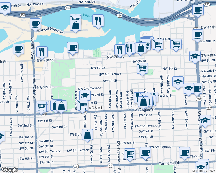map of restaurants, bars, coffee shops, grocery stores, and more near 256 Northwest 50th Avenue in Miami